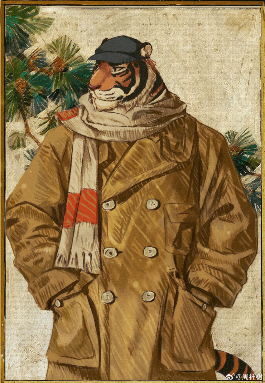 1boy 617foreverwithy animal_ears bara coat cowboy_shot derivative_work furry furry_male hand_in_pocket hat highres looking_to_the_side mature_male orange_fur original scarf short_hair solo standing thick_eyebrows tiger_boy tiger_ears