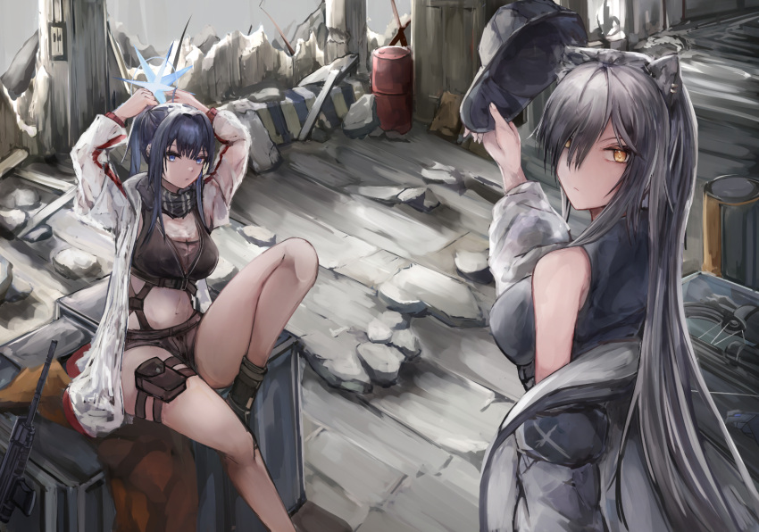 2girls animal_ears arknights arms_up bare_legs baseball_cap black_footwear black_shorts blue_archive blue_eyes blue_hair breasts cat_ears coat commentary_request cosplay costume_switch crop_top foot_out_of_frame grey_coat grey_hair hat holding holding_clothes holding_hat kisumun long_hair medium_breasts midriff multiple_girls navel off_shoulder pouch saori_(blue_archive) saori_(blue_archive)_(cosplay) schwarz_(arknights) schwarz_(arknights)_(cosplay) short_shorts shorts sitting stomach thigh_strap thighs very_long_hair yellow_eyes