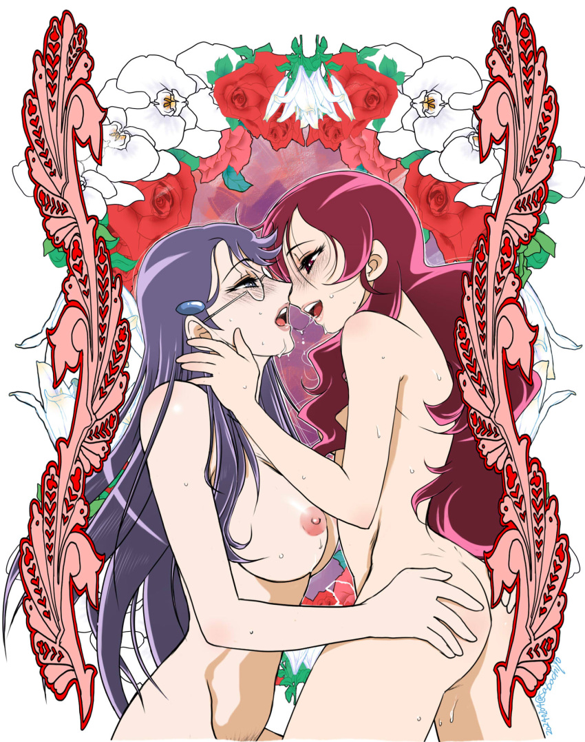 2girls after_kiss ass ass_grab blush breasts commentary_request completely_nude eye_contact flower glasses hairy hanasaki_tsubomi heartcatch_precure! highres large_breasts long_hair looking_at_another multiple_girls nipples nude open_mouth precure purple_eyes purple_hair red_eyes red_flower red_hair sabachiyo_land saliva saliva_trail small_breasts sweat teeth tsukikage_yuri upper_teeth_only white_flower yuri