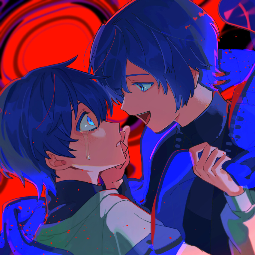 2boys absurdres album_cover alternate_costume aoyama_wasabi black_shirt blue_eyes blue_hair blue_scarf collaboration cover crying crying_with_eyes_open from_side hand_on_another's_cheek hand_on_another's_face highres himanemuitoma holding holding_clothes holding_scarf kaito_(vocaloid) long_sleeves looking_at_another multiple_boys open_mouth parted_lips puffy_long_sleeves puffy_sleeves red_background scarf shirt short_hair smile tears teeth turtleneck upper_teeth_only vocaloid white_shirt