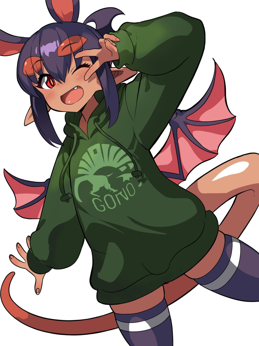 1girl aku-yome animal_ears blush dark-skinned_female dark_skin demon_girl demon_wings drawstring fang green_hoodie highres hood hood_down hoodie leaning_to_the_side looking_at_viewer low_wings matsuda_yuusuke one_eye_closed open_mouth original oversized_clothes pointy_ears print_hoodie purple_hair purple_thighhighs red_eyes simple_background solo standing standing_on_one_leg tail thighhighs v white_background wings