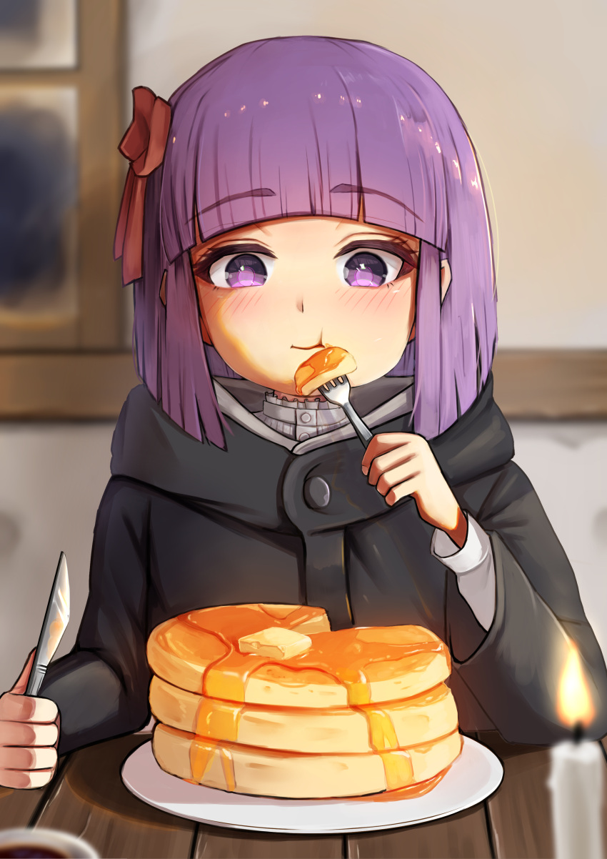 1girl absurdres black_robe butter candle eating fern_(sousou_no_frieren) fire food fork hair_ribbon highres holding holding_fork holding_knife indoors kaneko_ryou knife maple_syrup pancake pancake_stack plate purple_eyes purple_hair red_ribbon ribbon robe short_hair solo sousou_no_frieren table