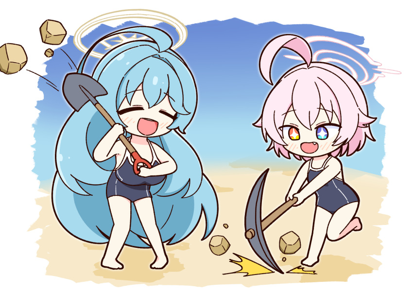 2girls achilles_(yosshyachillesd) ahoge bare_arms bare_legs bare_shoulders barefoot black_one-piece_swimsuit blue_archive blue_eyes blush breasts cleavage fang green_hair hair_between_eyes halo highres holding holding_pickaxe holding_shovel hoshino_(blue_archive) hoshino_(young)_(blue_archive) huge_ahoge huge_breasts long_hair multiple_girls one-piece_swimsuit open_mouth pickaxe pink_hair pink_halo school_swimsuit short_hair shovel small_breasts smile swimsuit yellow_eyes yellow_halo yume_(blue_archive)