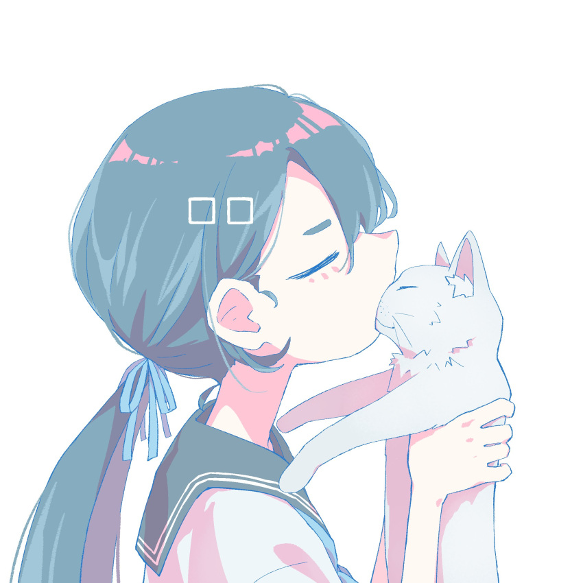 1girl animal animal_ear_fluff animal_focus biting black_hair blue_ribbon cat closed_eyes hair_ribbon highres holding holding_animal holding_cat kiss kissing_animal low_ponytail matabeku original pastel_colors profile ribbon school_uniform serafuku upper_body white_cat