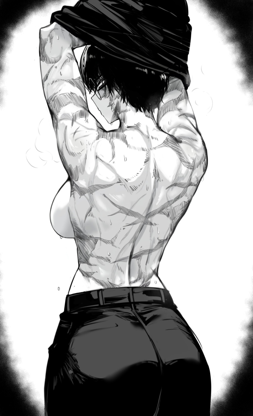 1girl absurdres ass bare_back bare_shoulders black_hair black_pants breasts burn_scar glasses greyscale highres jujutsu_kaisen looking_at_viewer monochrome pants scar short_hair solo steaming_body sweat undressing zen'in_maki zovokia