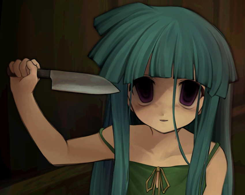 1girl aqua_hair arm_at_side arm_up bare_shoulders blue_hair blunt_bangs collarbone crazy dark dress empty_eyes furude_rika green_dress hand_on_wall highres higurashi_no_naku_koro_ni hime_cut holding holding_knife holding_weapon imminent_death imminent_suicide indoors kitchen_knife knife long_hair looking_at_viewer medium_bangs parted_lips purple_eyes ribbon scene_reference shaded_face sidelocks sleeveless sleeveless_dress smile solo spaghetti_strap strap_slip uee_m upper_body weapon yellow_ribbon