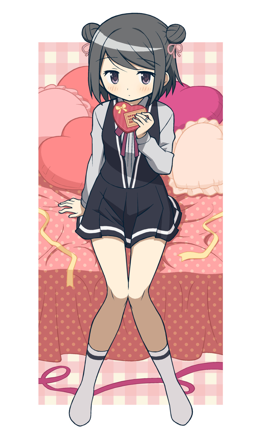 1girl black_hair black_skirt blush border candy checkered_background chocolate closed_mouth commentary_request dot_nose double_bun food full_body gecchu hair_bun hair_ribbon heart heart-shaped_chocolate heart-shaped_pillow highres jewelry kneehighs kuroe_(madoka_magica) long_sleeves looking_at_viewer magia_record:_mahou_shoujo_madoka_magica_gaiden mahou_shoujo_madoka_magica neck_ribbon no_shoes on_bed pillow pink_ribbon purple_eyes purple_ribbon ribbon ring school_uniform shirt short_hair sitting skirt socks solo valentine white_border white_shirt white_socks yellow_ribbon