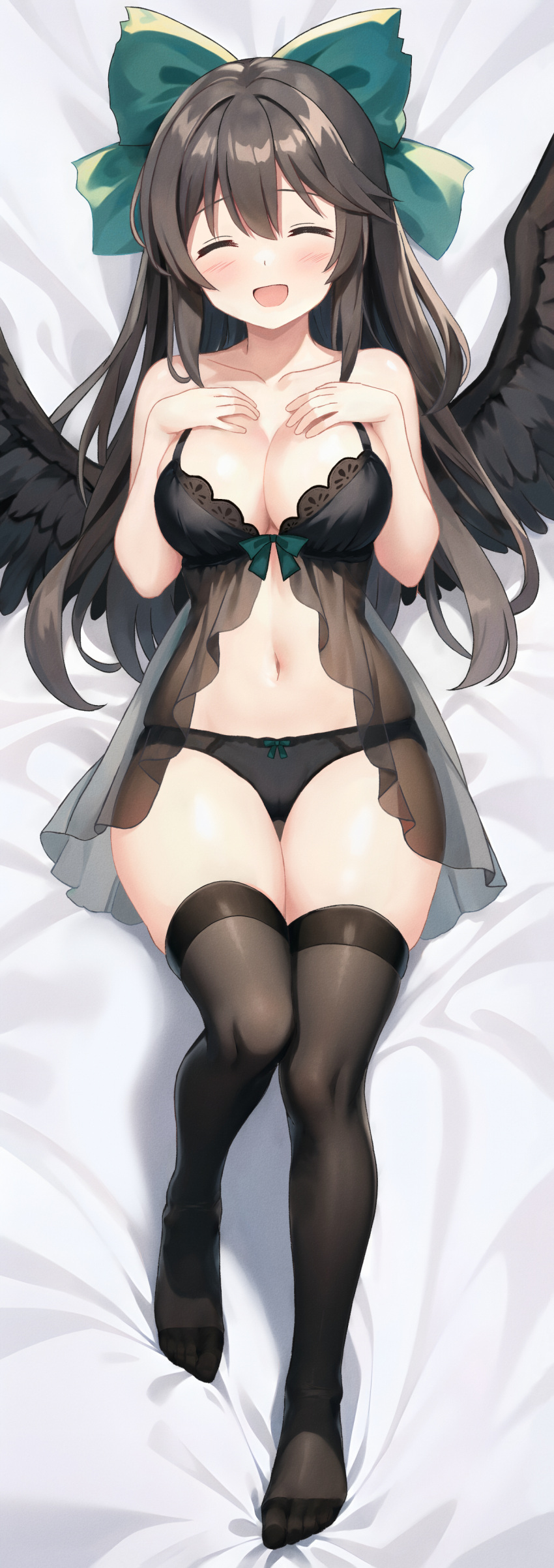 1girl absurdres black_bra black_hair black_panties black_thighhighs black_wings blush bow bra breasts cleavage closed_eyes commentary_request commission full_body green_bow hair_bow highres hoshimitooni large_breasts lingerie long_hair lying on_back on_bed open_mouth panties pixiv_commission reiuji_utsuho smile solo thighhighs touhou underwear wings