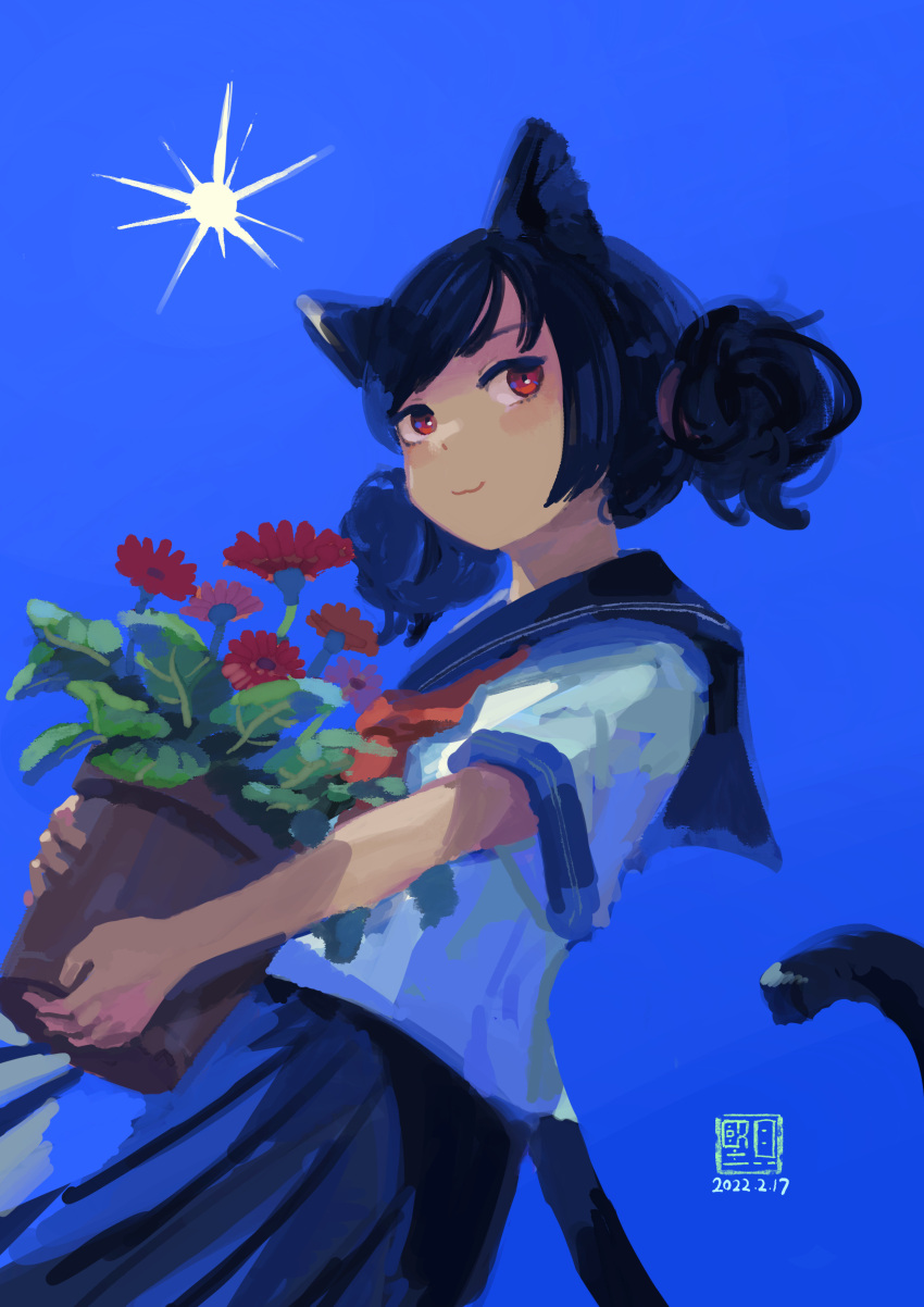 1girl 2022 :3 absurdres animal_ears artist_logo black_hair black_sailor_collar black_skirt blue_background bright_pupils cat_ears cat_girl cat_tail closed_mouth dated double_bun flower gerbera hair_bun highres holding holding_plant katakai looking_at_viewer looking_to_the_side neckerchief original plant pleated_skirt potted_plant red_eyes red_flower red_neckerchief sailor_collar school_uniform serafuku short_hair short_sleeves simple_background skirt smile solo standing sun tail tail_raised white_pupils white_serafuku