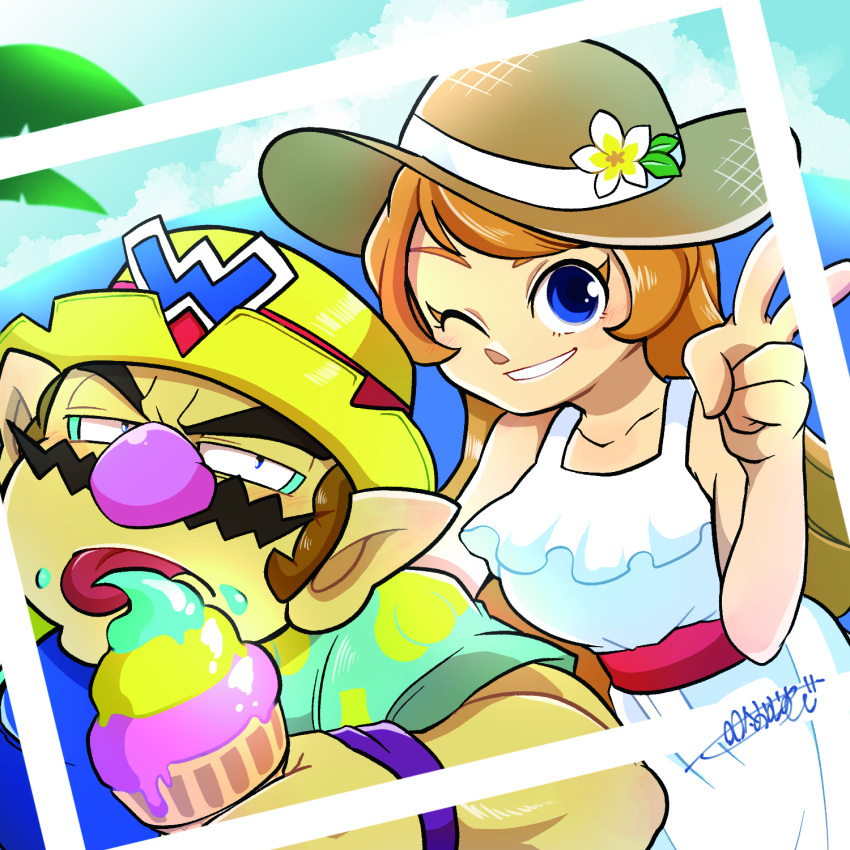 1boy 1girl blue_eyes brown_hair dress facial_hair flower food hat hat_flower highres holding holding_food holding_ice_cream ice_cream ice_cream_cone mona_(warioware) mustache omu_(sinsindan) one_eye_closed orange_hair photo_(object) pointy_ears sun_hat v wario warioware warioware:_move_it! white_dress yellow_headwear