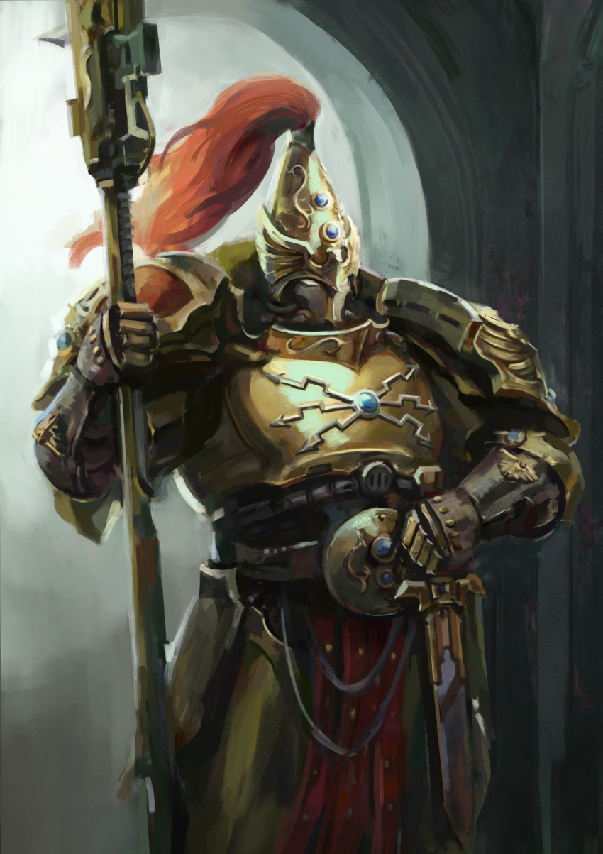 1boy adeptus_custodes armor breastplate commentary commission english_commentary full_armor gauntlets gold_armor greaves guardian_spear helmet highres holding holding_weapon imperium_of_man jjoail male_focus pauldrons pelvic_curtain plume polearm power_armor red_plume shoulder_armor solo standing warhammer_40k weapon