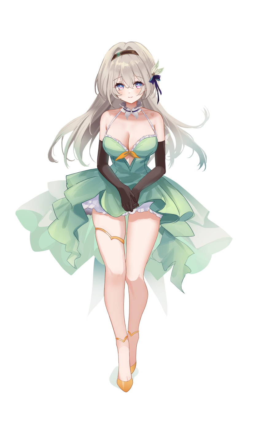 1girl absurdres ash_(cat7evy) bare_shoulders black_gloves black_hairband bloomers blue_eyes blue_pupils blue_ribbon blush bow breasts cleavage closed_mouth collarbone detached_collar dot_nose dress elbow_gloves firefly_(honkai:_star_rail) gloves gradient_hair green_dress green_hair grey_hair hair_bow hair_intakes hair_ribbon hairband halter_dress halterneck highres honkai:_star_rail honkai_(series) large_breasts legs_together looking_at_viewer multicolored_hair orange_bow own_hands_together pink_eyes pleated_dress ribbon short_dress sidelocks simple_background sleeveless sleeveless_dress smile solo straight-on thick_thighs thigh_gap thighlet thighs two-tone_eyes white_background white_bloomers white_bow