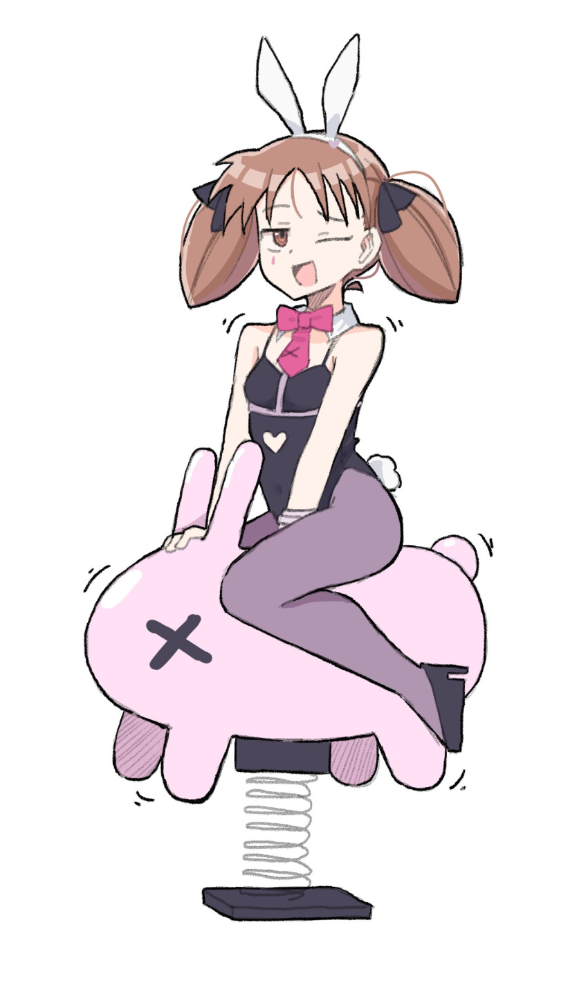 1girl absurdres azumanga_daioh breasts brown_eyes brown_hair detached_collar high_heels highres mihama_chiyo necktie one_eye_closed pantyhose playboy_bunny rabbit_tail simple_background small_breasts spring_rider tail twintails white_background zlix0n