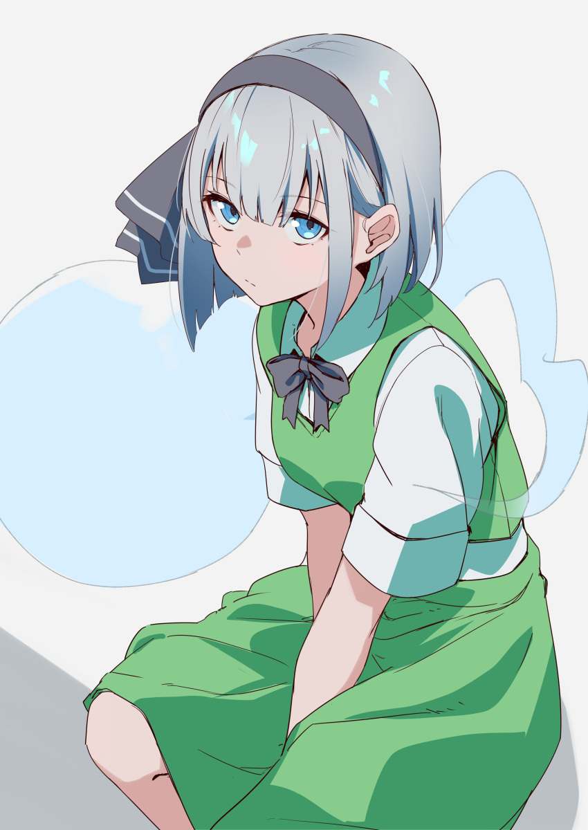 1girl :| absurdres arms_between_legs black_bow black_bowtie black_hairband black_ribbon blue_eyes bow bowtie closed_mouth collared_shirt cowboy_shot danboru_(jdanboru1182) dress expressionless green_dress grey_hair hair_between_eyes hair_ribbon hairband highres konpaku_youmu looking_at_viewer medium_hair pinafore_dress ribbon shirt short_sleeves sidelocks simple_background sitting sleeveless sleeveless_dress solo touhou white_background white_shirt