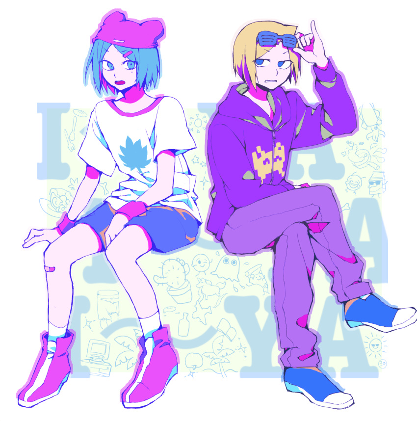 2others animal_hat aqua_eyes aqua_hair bandaid bandaid_on_knee bandaid_on_leg between_legs blonde_hair blue_eyes blue_footwear bracelet grey_shorts hair_ornament hairclip hand_between_legs hat highres hood hood_down hoodie i_(neru) i~ya_i~ya_i~ya_(vocaloid) jewelry looking_at_viewer looking_to_the_side multiple_others open_mouth pants patterned_background pink_bracelet pink_footwear pink_headwear print_hoodie print_shirt purple_hoodie purple_pants sayorihp shirt short_hair shorts shutter_shades song_name text_background vocaloid white_background white_shirt yaya_(neru)