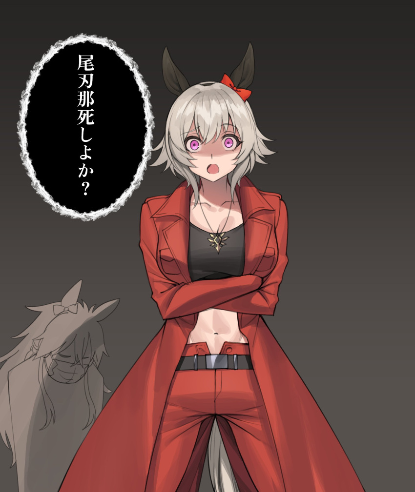 2girls alternate_costume animal_ears bow breasts closed_eyes coat collarbone crossed_arms curren_chan_(umamusume) ear_bow ear_covers facing_down fukuro_(maruaru00) grey_background grey_hair highres horse_ears horse_girl jewelry large_breasts long_hair mask midriff mouth_mask multiple_girls navel necklace orfevre_(umamusume) pants purple_eyes red_bow red_coat red_pants shaded_face short_hair solo_focus umamusume