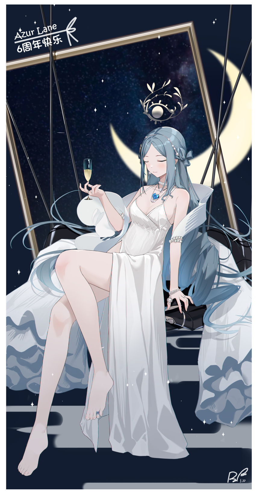 1girl absurdres alcohol azur_lane bare_shoulders barefoot blue_hair blush border breasts champagne champagne_(adulation_eternal)_(azur_lane) champagne_(azur_lane) champagne_flute closed_eyes closed_mouth copyright_name cup dress drinking_glass full_body hand_up highres holding holding_cup jewelry long_hair necklace official_alternate_costume outside_border ping_zhong_yu ring signature small_breasts smile solo toes very_long_hair wedding_dress wedding_ring white_border