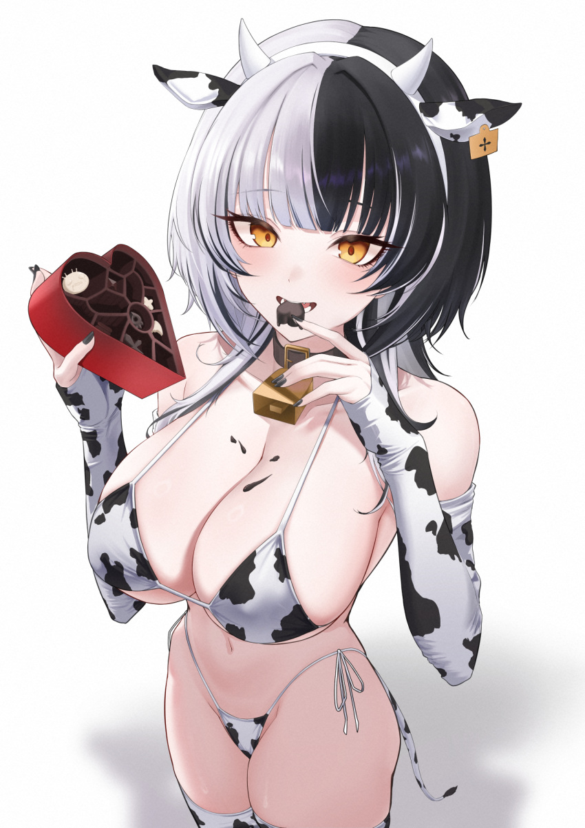 1girl animal_ears animal_print bell bikini black_hair black_nails breasts candy chocolate cow_ears cow_horns cow_print cow_print_bikini cow_tail eating elbow_gloves fingerless_gloves food gloves heart heart-shaped_chocolate highres hololive hololive_english horns large_breasts mintz912 multicolored_hair neck_bell print_bikini shiori_novella side-tie_bikini_bottom split-color_hair swimsuit tail thighhighs virtual_youtuber white_hair yellow_eyes