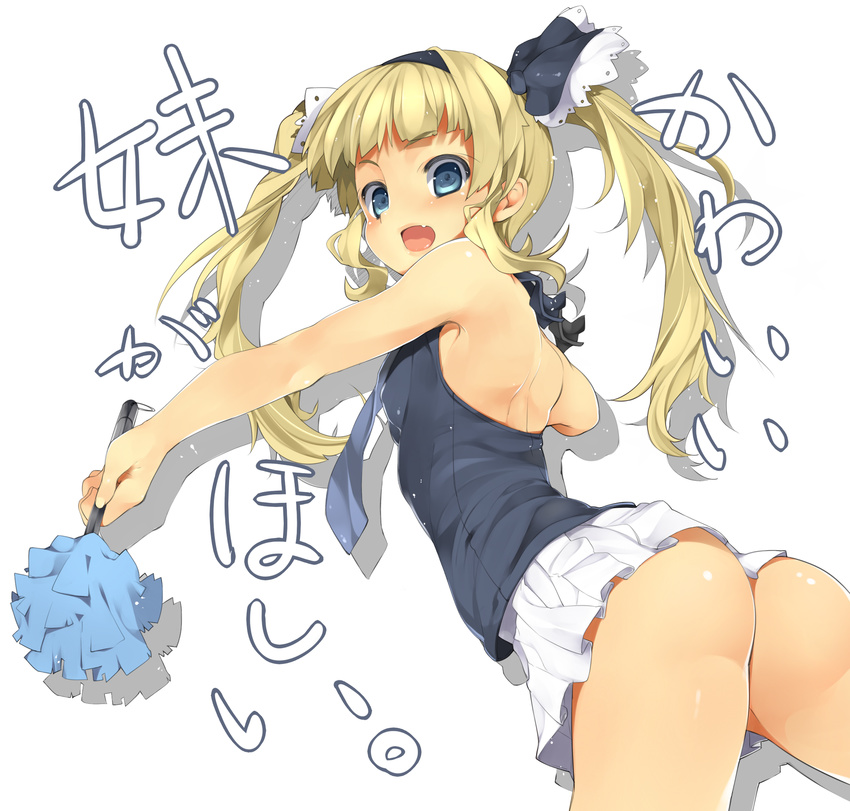 ass bad_id bad_pixiv_id bare_back bare_shoulders blonde_hair blue_eyes blush fang hairband highres long_hair looking_at_viewer looking_back necktie nishimuku_meri open_mouth original shiny shiny_skin simple_background skirt solo translated twintails