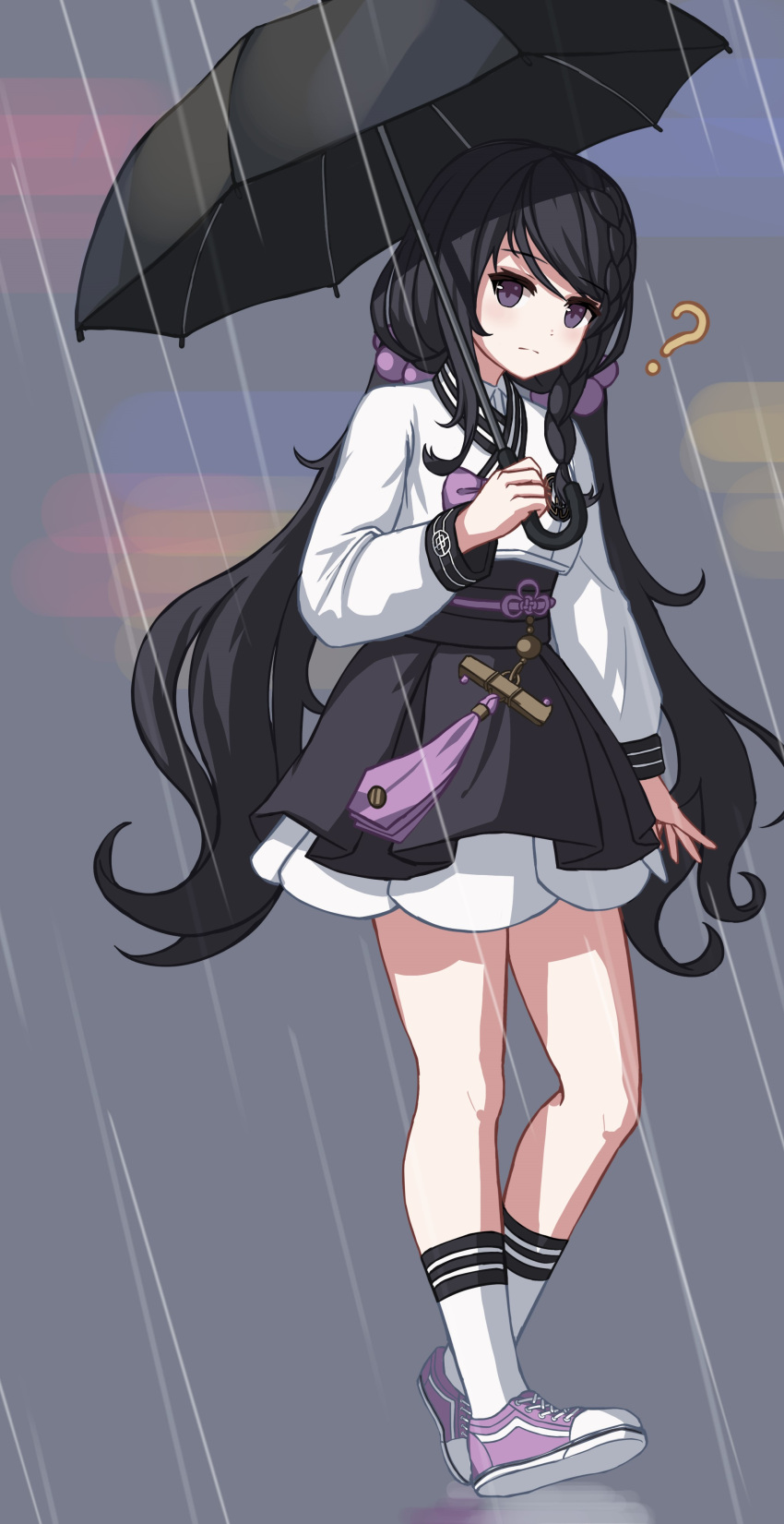 1girl ? absurdres black_hair black_skirt black_survival black_umbrella braid eternal_return:_black_survival full_body grey_background highres holding holding_umbrella hyejin_(black_survival) long_hair long_sleeves low_twintails pleated_skirt puffy_long_sleeves puffy_sleeves purple_eyes purple_footwear rain shoes skirt socks solo stratosphere_(coom1017) twintails umbrella very_long_hair walking white_socks