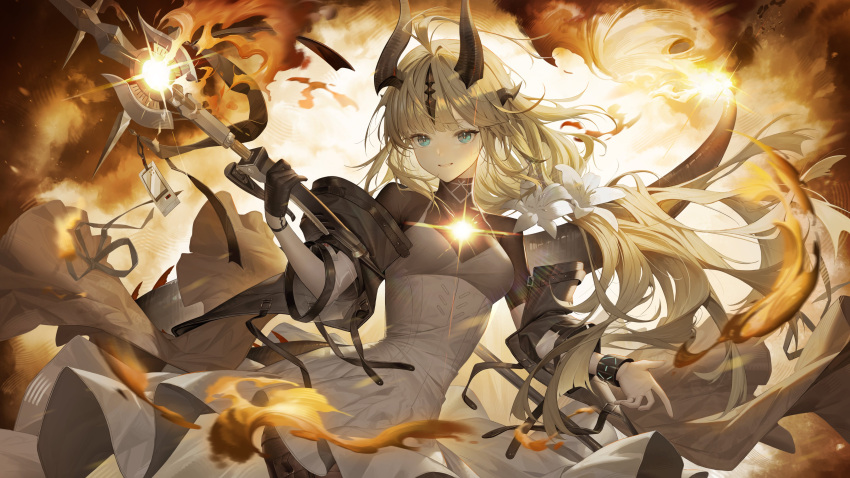 1girl :d absurdres arknights black_gloves black_jacket black_shirt blonde_hair blue_eyes blunt_bangs blush collared_shirt cowboy_shot dragon_girl dragon_horns dress floating_hair glint gloves glowing highres holding holding_staff horns infection_monitor_(arknights) jacket long_sleeves looking_at_viewer off_shoulder open_clothes open_jacket open_mouth pleated_dress reed_(arknights) reed_the_flame_shadow_(arknights) shirt sidelocks sleeveless sleeveless_dress smile smoke_trail soho_(user_dphk5745) solo staff white_dress