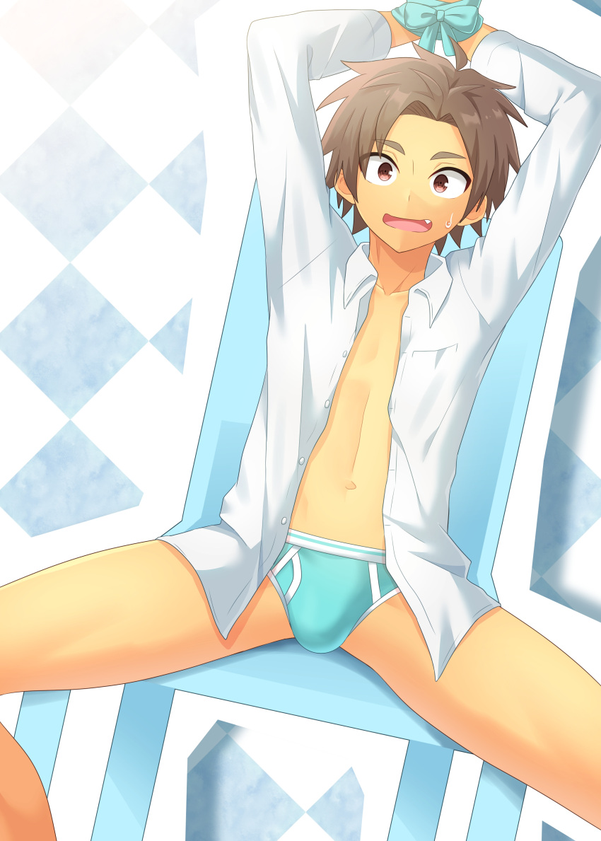 1boy :d absurdres aqua_bow aqua_male_underwear arms_up bound bound_wrists bow briefs brown_hair bulge chair checkered_background collarbone commentary_request dress_shirt dutch_angle fang hair_intakes highres linea_alba long_sleeves looking_at_viewer male_focus male_underwear navel nervous_smile no_pants on_chair open_clothes open_mouth open_shirt original parted_bangs red_eyes shirt short_hair sitting smile solo spiked_hair spread_legs sweatdrop thick_eyebrows unbuttoned underwear white_shirt wide-eyed yuya_hytk