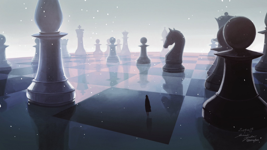 1girl bishop_(chess) black_dress black_hair board_game chess chess_piece chessboard dated dress highres king_(chess) knight_(chess) nothingblues_yuki original oversized_object pawn_(chess) queen_(chess) reflective_floor rook_(chess) scenery signature snow twitter_username