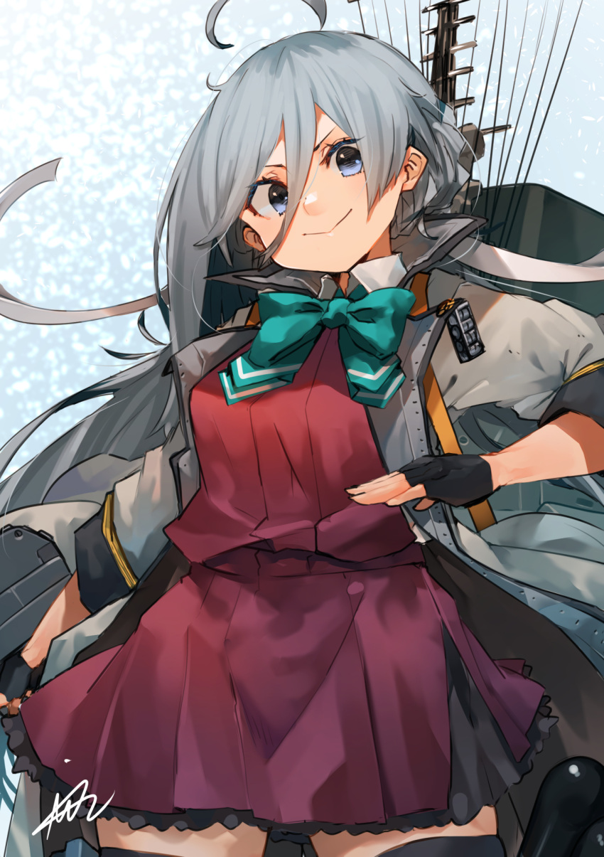 1girl ahoge aqua_bow aqua_bowtie black_gloves black_thighhighs bow bowtie coat dress fingerless_gloves gloves grey_coat grey_eyes grey_hair hair_between_eyes halter_dress halterneck highres kantai_collection kiyoshimo_(kancolle) kiyoshimo_kai_ni_(kancolle) long_hair low_twintails machinery purple_dress signature smile solo sunday_aki thighhighs twintails v-shaped_eyebrows