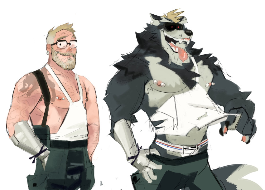 2024 anthro arm_tattoo beard biceps blonde_hair body_hair canid canine canis chest_hair chest_tattoo clothing ear_piercing ear_ring eyewear facial_hair fur glasses grey_body grey_fur hair half_naked hand_in_pocket hi_res human human_to_anthro jockstrap male mammal muscular muscular_male nipple_piercing nipples pecs piercing pockets prosthetic prosthetic_arm prosthetic_limb pulling_down_pants red_eyes ring_piercing simple_background smile solo species_transformation tattoo tigrugo tongue tongue_out torn_clothing transformation transformation_sequence tugging_clothing underwear were werecanid werecanine werewolf white_background wolf