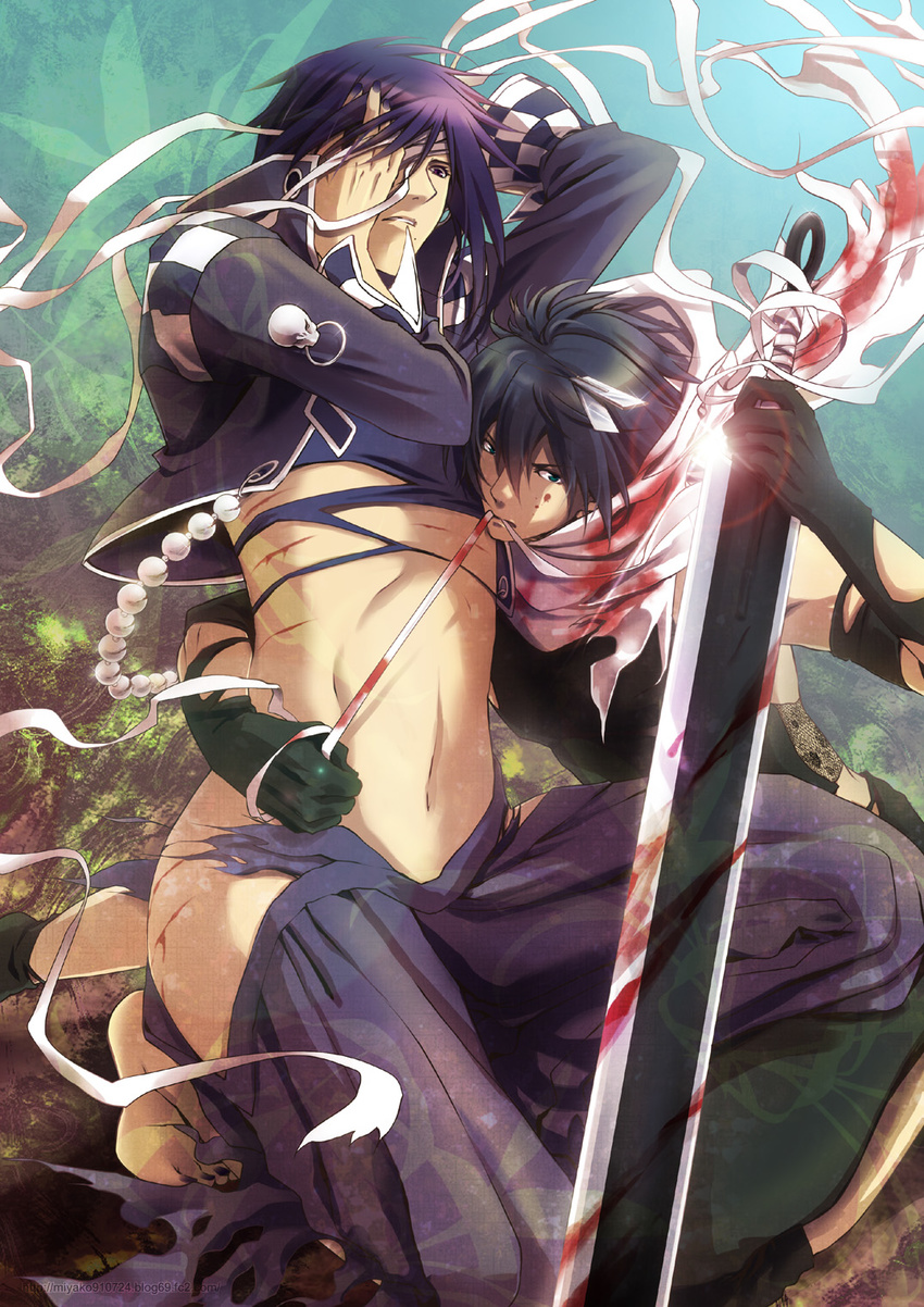 bandages beads black_hair blood brave_10 dog_tags hand_over_eye highres kirigakure_saizou male_focus midriff miyako910724 multiple_boys one_knee purple_hair sword unno_rokurou weapon