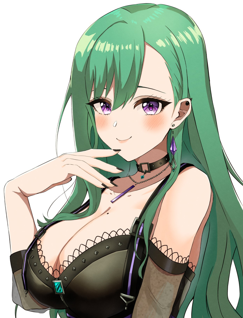 1girl bare_shoulders bead_necklace beads black_bustier black_collar black_nails blush breasts bustier cleavage collar ear_piercing earrings green_hair hair_behind_ear highres jewelry keikesu large_breasts long_hair looking_at_viewer mole mole_on_breast necklace piercing purple_eyes see-through see-through_sleeves simple_background single_earring smile solo swept_bangs upper_body virtual_youtuber vspo! white_background yakumo_beni yakumo_beni_(1st_costume)
