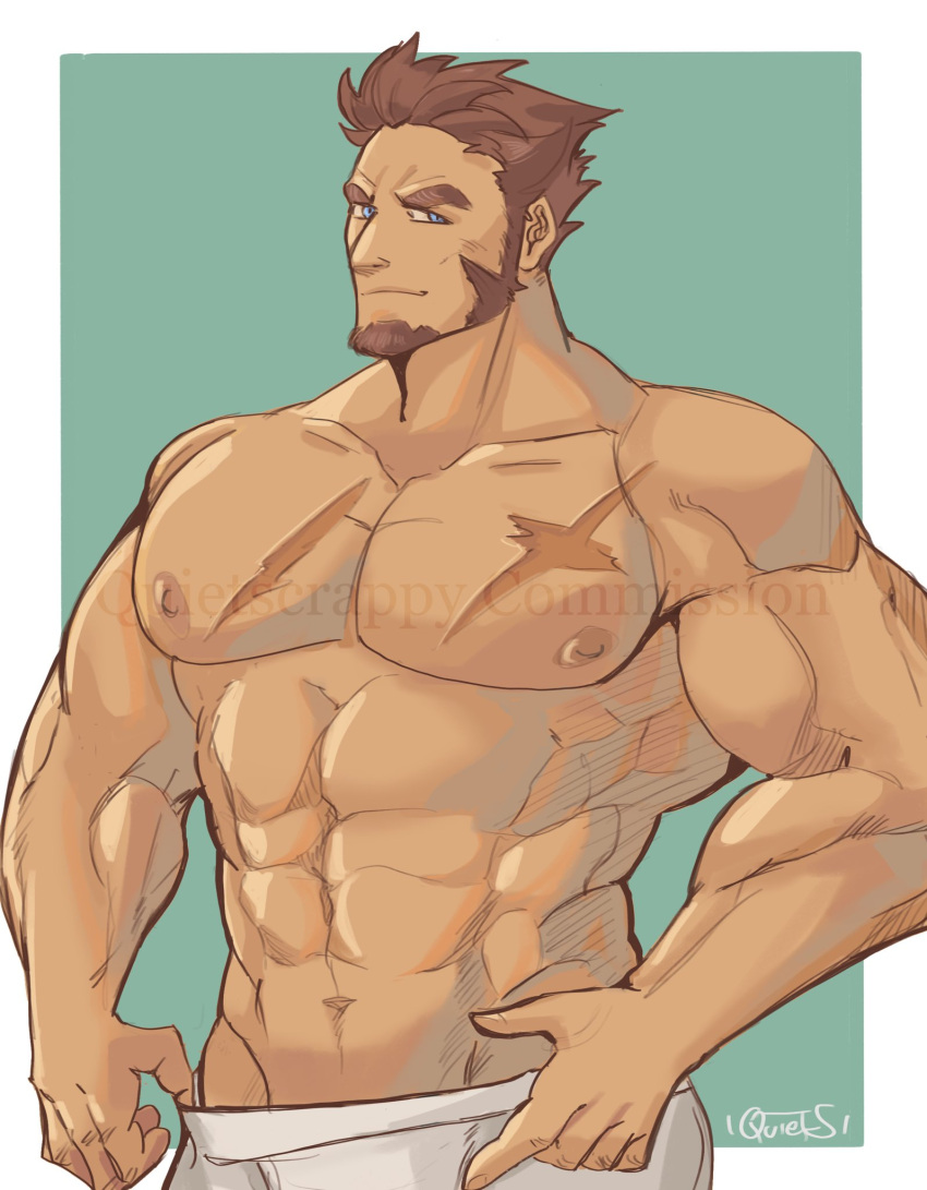 1boy abs bara blue_eyes brown_hair cowboy_shot facial_hair fate/grand_order fate_(series) goatee highres large_pectorals long_sideburns long_sleeves looking_at_viewer male_focus mature_male muscular muscular_male napoleon_bonaparte_(fate) navel pectorals quietscrappy short_hair sideburns simple_background smile solo standing stomach strongman_waist topless_male