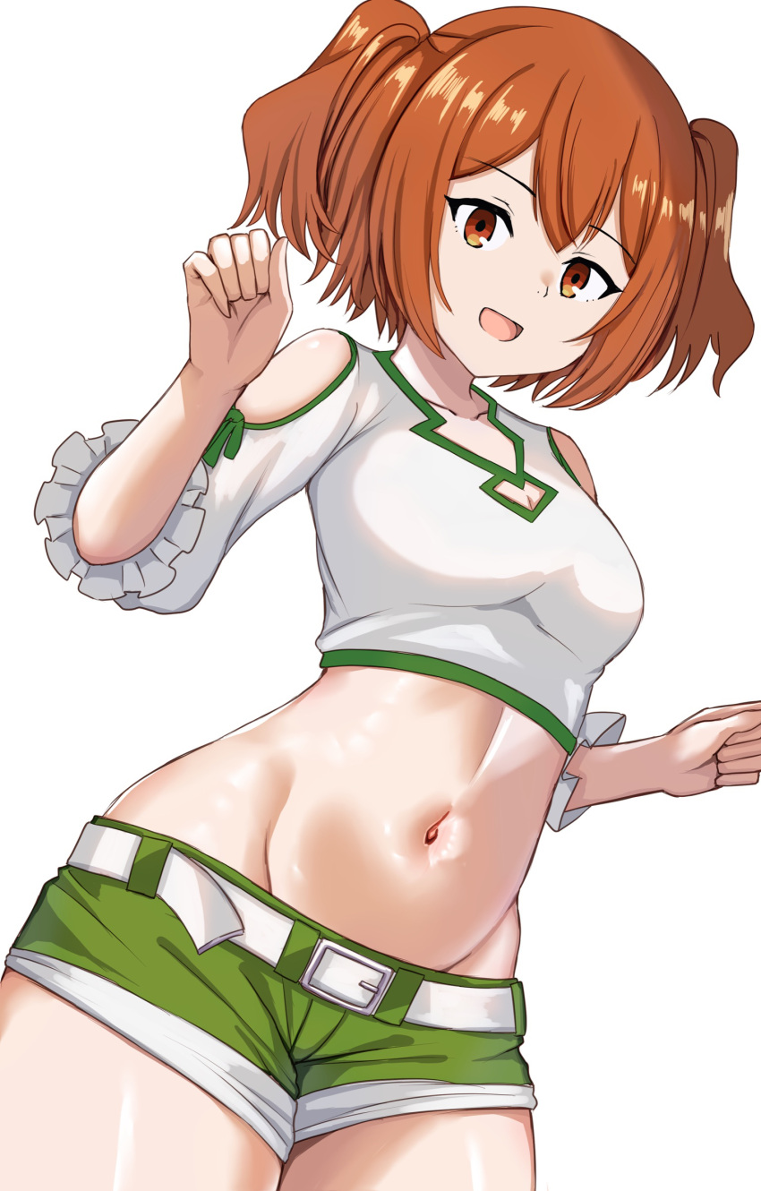 1girl :d absurdres bare_shoulders belt breasts brown_eyes brown_hair cleavage_cutout clothing_cutout collarbone commentary cowboy_shot crop_top cropped_shirt frilled_sleeves frills green_shorts groin hair_between_eyes hands_up highres kanne_(sousou_no_frieren) looking_at_viewer medium_breasts medium_hair midriff navel nootomo open_mouth shirt short_shorts shorts shoulder_cutout sidelocks simple_background sleeves_past_elbows smile solo sousou_no_frieren standing twintails white_background white_belt white_shirt