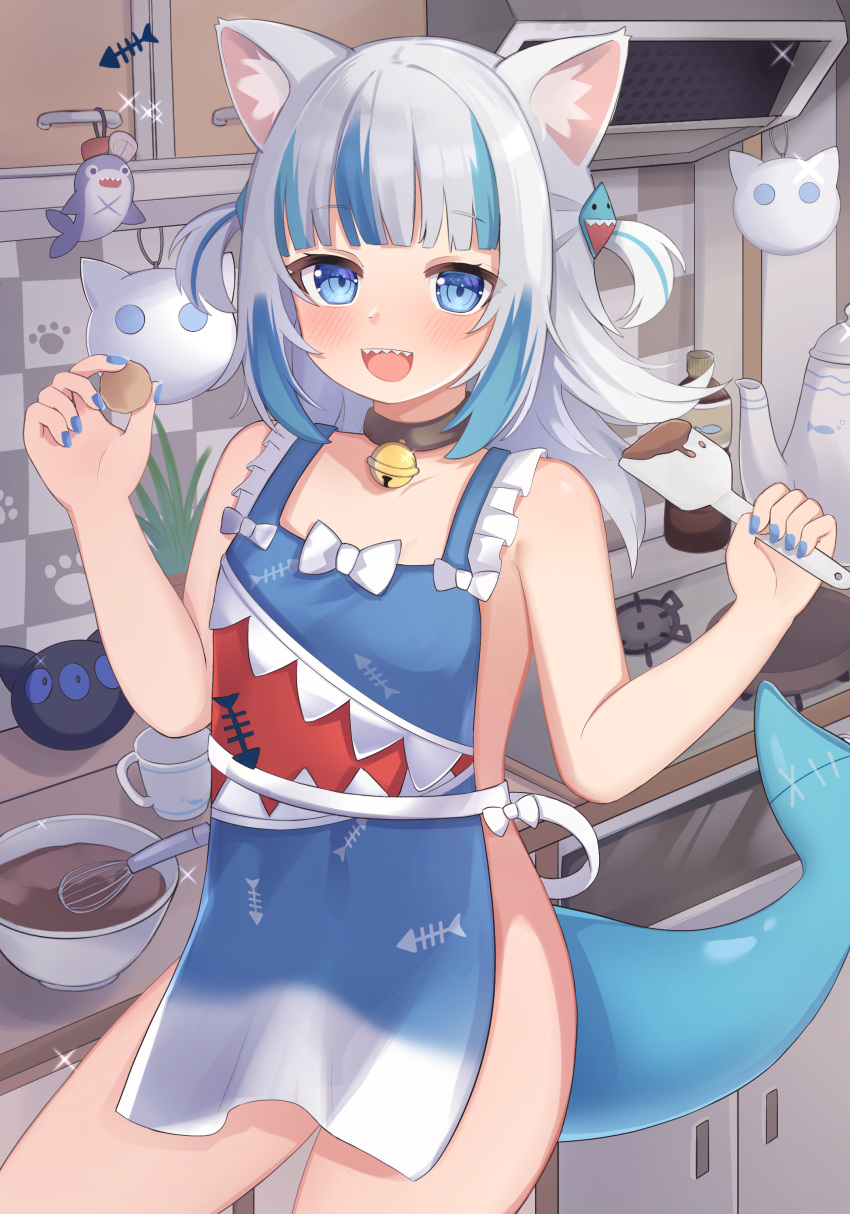 1girl :d absurdres apron bell black_choker bloop_(gawr_gura) blue_apron blue_eyes blue_hair blue_nails breasts choker commentary_request cowboy_shot food gawr_gura grey_hair hair_ornament highres holding holding_food holding_spatula hololive hololive_english jingle_bell kitchen long_hair looking_at_viewer multicolored_hair nail_polish naked_apron neck_bell nekopurin_(nyanko_prin) open_mouth print_apron shark_hair_ornament shark_print sharp_teeth small_breasts smile solo spatula teeth two-tone_hair two_side_up upper_teeth_only virtual_youtuber