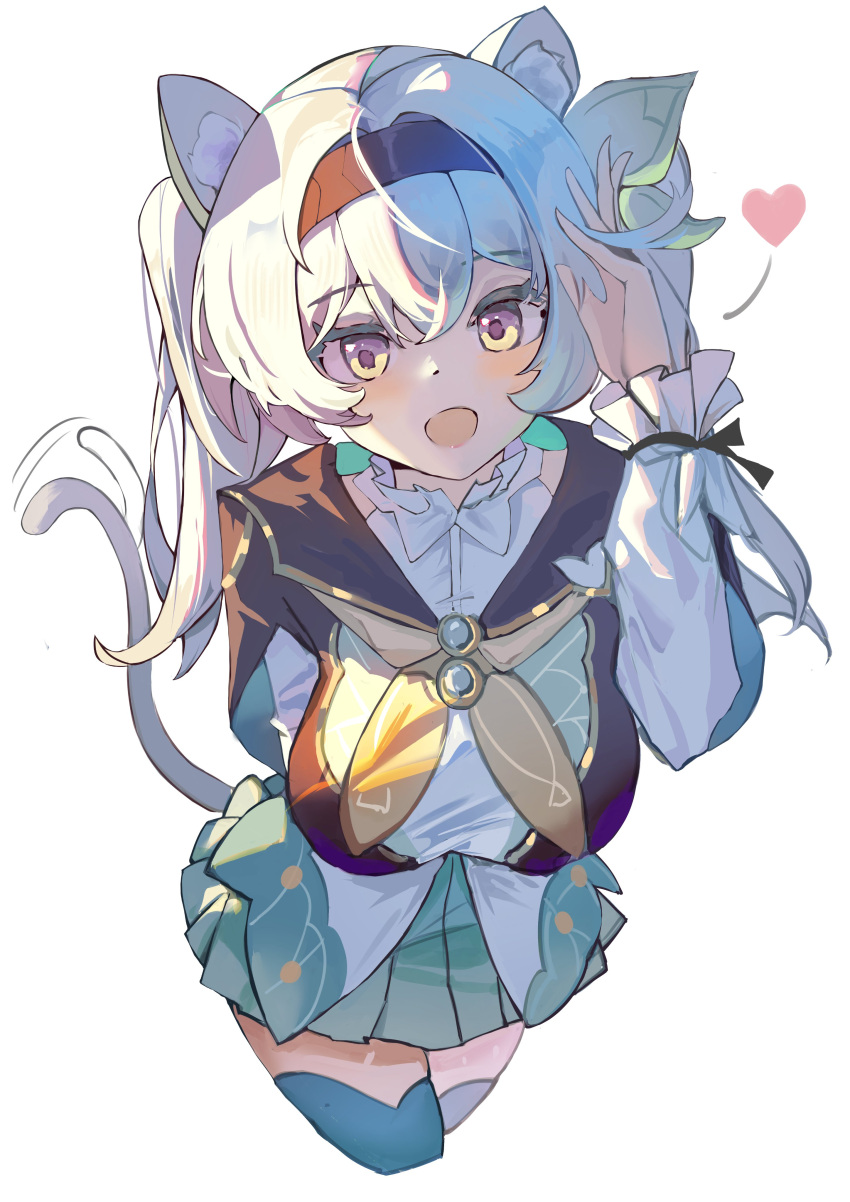 1girl :d absurdres animal_ears arm_behind_back black_hairband black_jacket blue_skirt blue_thighhighs blush bow breasts cat_ears cat_girl cat_tail collared_shirt cropped_jacket cropped_legs firefly_(honkai:_star_rail) green_bow grey_hair hair_between_eyes hair_bow hair_intakes hairband hand_on_own_head hand_up heart highres honkai:_star_rail honkai_(series) hua_(yijing) jacket kemonomimi_mode large_breasts legs_together long_hair long_sleeves looking_at_viewer miniskirt neckerchief open_mouth orange_neckerchief pleated_skirt purple_eyes shirt sidelocks simple_background skirt smile solo tail thighhighs thighs white_background white_shirt zettai_ryouiki