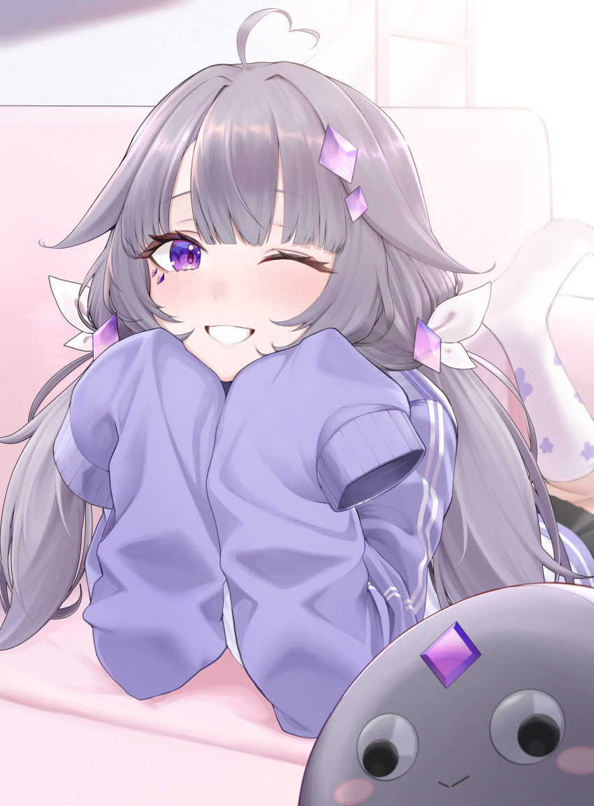 1girl ahoge black_skirt casual couch grey_hair heart heart_ahoge highres hololive hololive_english koseki_bijou mintz912 no_shoes on_couch one_eye_closed pebble_(koseki_bijou) purple_eyes purple_sweater skirt sleeves_past_fingers sleeves_past_wrists smile socks sweater virtual_youtuber white_socks