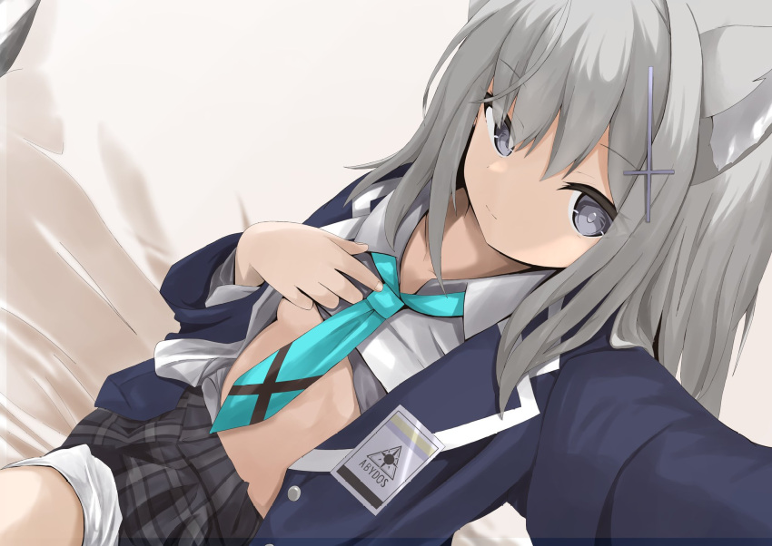 1girl animal_ears aqua_necktie black_skirt blue_archive blue_coat blue_eyes breasts closed_mouth clothes_lift coat collared_shirt disuto fingernails grey_hair highres id_card lapels lifted_by_self looking_at_viewer medium_breasts midriff mismatched_pupils necktie open_clothes open_coat pleated_skirt selfie shiroko_(blue_archive) shirt shirt_lift short_hair skirt solo underboob wolf_ears wolf_girl