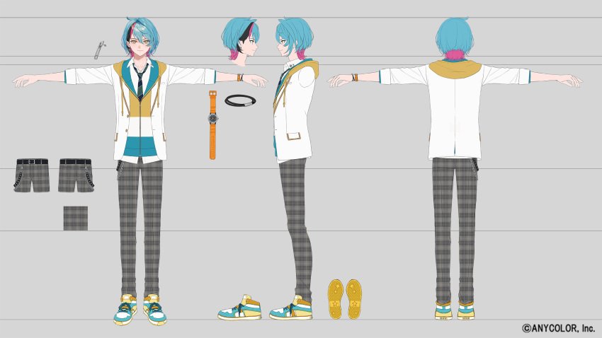 1boy aqua_hair belt black_belt black_hair black_necktie blazer copyright_notice diagonal-striped_clothes diagonal-striped_necktie drawstring earrings full_body grey_background grey_pants highres hood hooded_jacket jacket jewelry kyo_kaneko long_sleeves looking_at_viewer medium_hair multicolored_hair multiple_views necktie nijisanji nijisanji_en official_art pants pink_hair plaid plaid_pants reference_sheet school_uniform second-party_source shinotarou_(nagunaguex) shirt shoes simple_background sleeves_rolled_up sneakers standing streaked_hair striped_clothes t-pose turnaround virtual_youtuber watch white_jacket white_shirt wristwatch yellow_eyes zipper_pull_tab