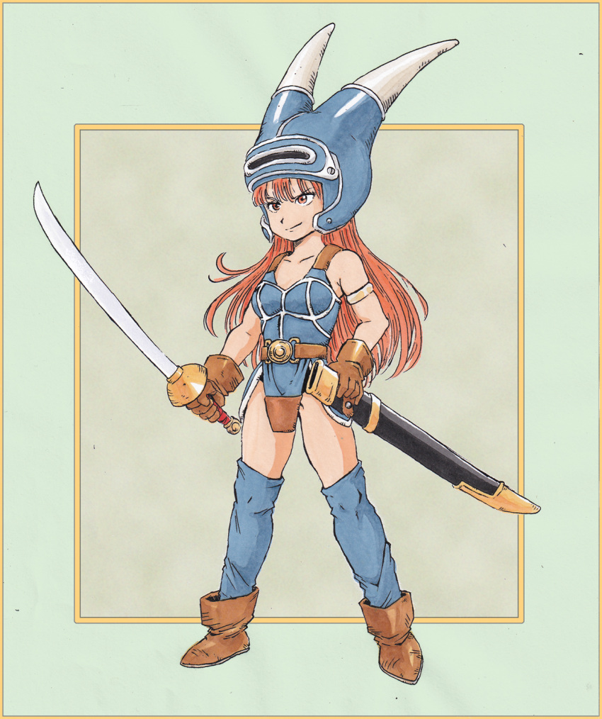 1girl armlet armor belt blue_armor blue_dress blue_thighhighs boots brown_eyes brown_gloves brown_hair closed_mouth daisy_(dq) dragon_quest dragon_quest_yuusha_abel_densetsu dress fake_horns full_body gloves helmet highres horned_helmet horns long_hair short_dress smile solo sword tachibana_masaki thighhighs weapon