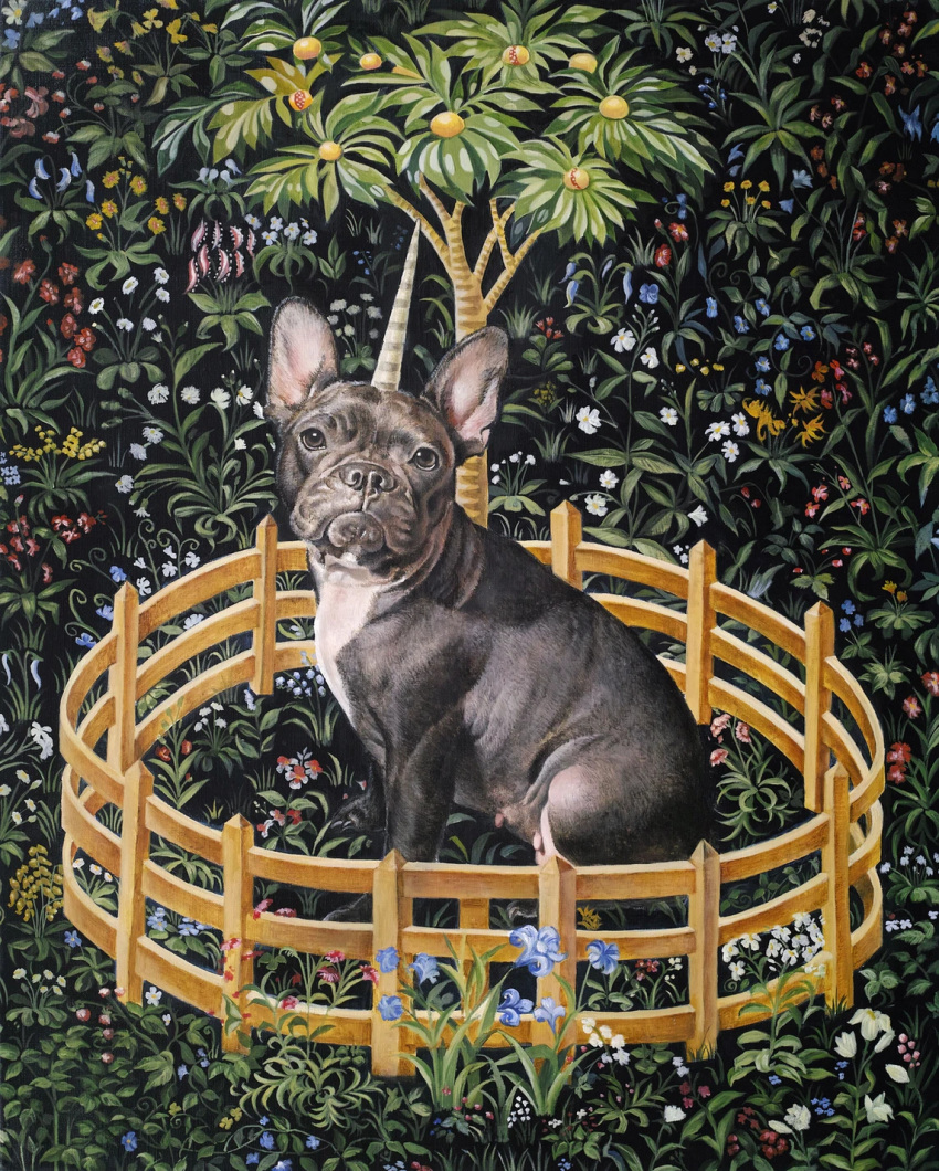 ambiguous_gender bulldog canid canine canis detailed detailed_background domestic_dog fence feral flower hi_res horn inspired_by_formal_art leaf mammal mastiff molosser naruki_kukita plant realistic realistic_feral sitting solo tree unicorn_horn