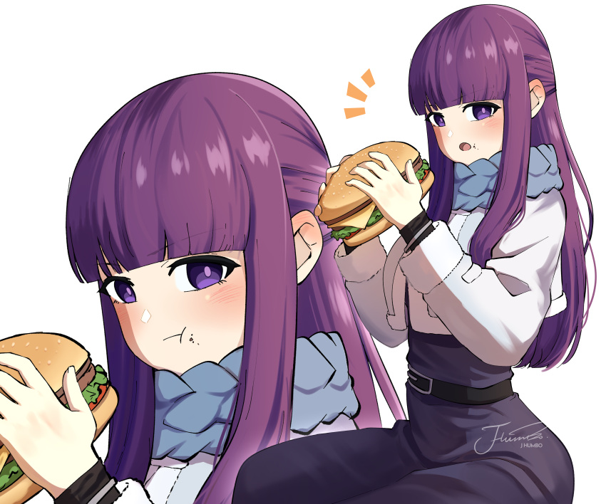 1girl absurdres belt black_belt black_dress blue_scarf burger cheese cropped_jacket dress eating fern_(sousou_no_frieren) food food_on_face highres holding holding_food j_humbo jacket lettuce long_hair looking_at_viewer multiple_views purple_eyes purple_hair scarf simple_background sousou_no_frieren white_background white_jacket