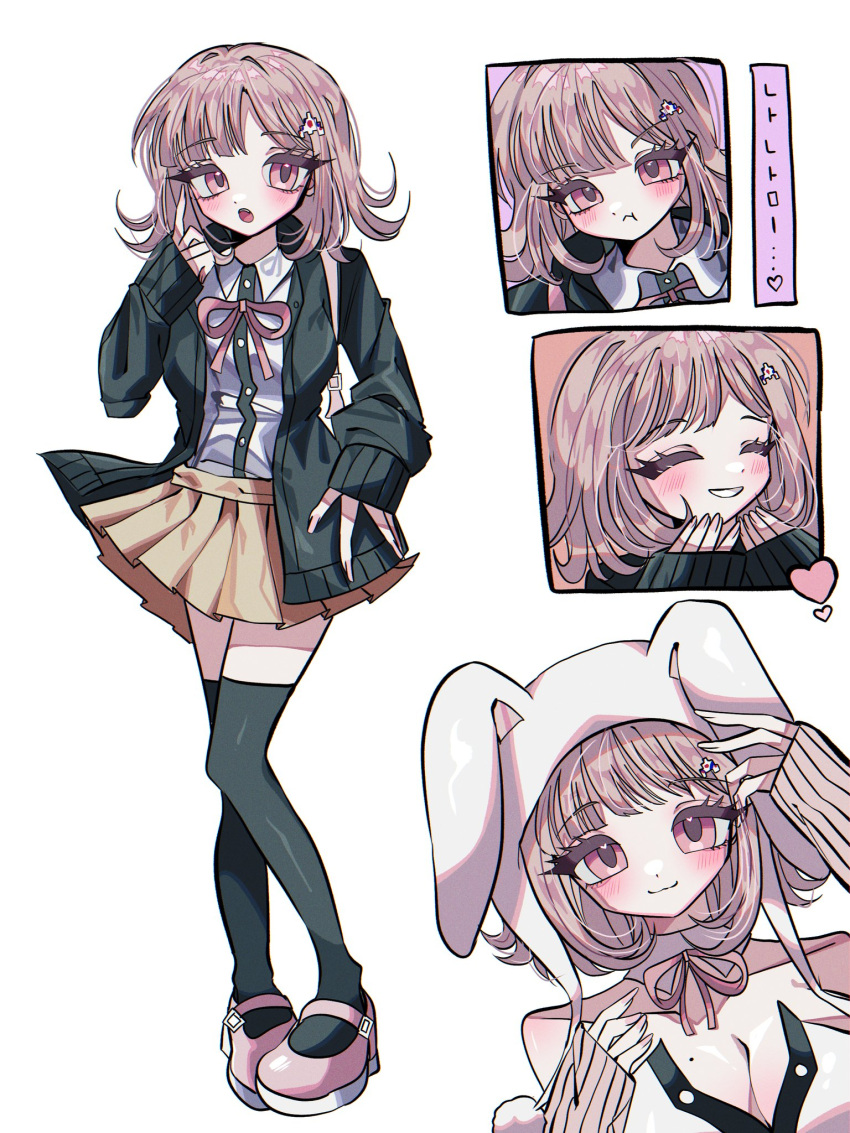 1girl :o animal_ears animal_hood bare_shoulders black_jacket black_thighhighs blush breasts brown_skirt cleavage danganronpa_(series) danganronpa_2:_goodbye_despair fake_animal_ears flipped_hair full_body grin hands_up heart highres hood jacket large_breasts ming_ming_(kiyo_kore) miniskirt multiple_views nanami_chiaki neck_ribbon official_alternate_costume open_clothes open_jacket pink_footwear pink_ribbon pleated_skirt rabbit_hood ribbon shirt skirt smile spaceship_hair_ornament standing teeth thighhighs translation_request two-tone_shirt white_shirt zettai_ryouiki