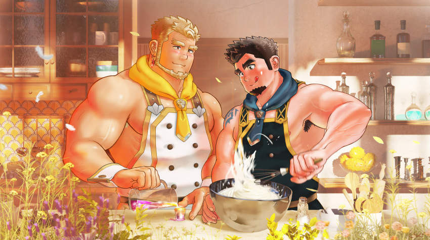 2boys :p absurdres apron arm_tattoo armpit_peek ascot baking bara beard black_hair blonde_hair blue_ascot blush brown_eyes buttons crave_saga dark-skinned_male dark_skin double-breasted earrings excalibur_(crave_saga) eyebrow_cut facial_hair falling_feathers feathers forked_eyebrows goatee highres jewelry kitchen large_pectorals male_focus mature_male multiple_boys muscular muscular_male naked_apron nipples official_alternate_costume pectorals pouring protagonist_(crave_saga) short_hair sidepec smile tattoo thick_eyebrows tongue tongue_out uk/l'hdf_(y83707649) veins veiny_arms whisk white_apron wrist_cuffs yaoi yellow_ascot
