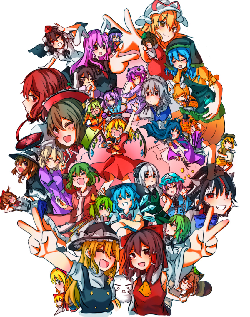 &gt;_&lt; 6+girls :3 ;d alice_margatroid animal_ears aqua_apron aqua_headwear ascot black_hair black_hairband black_headwear black_ribbon black_skirt black_wings blonde_hair blue_bow blue_bowtie blue_dress blue_hair blue_headwear blue_ribbon blush bow bowtie breasts brown_eyes brown_hair cat_ears cat_girl chen cirno closed_eyes coat daiyousei dress drill_hair fangs flandre_scarlet frilled_sleeves frills futatsuiwa_mamizou green_eyes green_hair green_skirt green_vest grey_hair grin hair_ornament hair_ribbon hair_tubes hairband hakurei_reimu haniyasushin_keiki hat hat_ribbon highres horikawa_raiko horns ibuki_suika inaba_tewi izayoi_sakuya joutouguu_mayumi kasodani_kyouko kijin_seija kirisame_marisa komeiji_koishi komeiji_satori konpaku_youmu long_hair lyrica_prismriver mahoushaojiulilika05836 maid_headdress maribel_hearn medium_hair mob_cap multicolored_hair multiple_girls necktie one_eye_closed open_mouth orange_hair patchouli_knowledge pink_dress pink_hair puffy_short_sleeves puffy_sleeves purple_coat purple_dress purple_hair rabbit_ears rabbit_girl red_dress red_eyes red_hair red_headwear red_ribbon red_skirt reisen_udongein_inaba ribbon ringo_(touhou) saigyouji_yuyuko shameimaru_aya shanghai_doll shirt short_hair short_sleeves simple_background skirt small_breasts smile sukuna_shinmyoumaru sweat tokin_hat touhou usami_renko v vest white_background white_dress white_hair white_headwear white_shirt wings wriggle_nightbug yakumo_yukari yellow_ascot yellow_eyes yellow_shirt yorigami_jo'on yorigami_shion