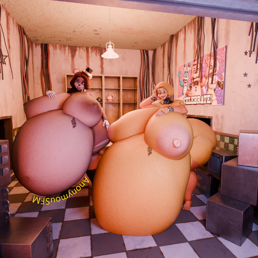 3d_(artwork) anonymousfm anthro areola avian bear belly big_belly big_breasts big_butt bird blender_(software) blender_cycles blush breasts brown_body butt chica_(fnaf) chicken clothing digital_media_(artwork) duo female five_nights_at_freddy's five_nights_at_freddy's_2 freddy_(fnaf) galliform gallus_(genus) hair hat headgear headwear hi_res huge_breasts hyper hyper_belly hyper_pregnancy mammal nipples nude open_mouth phasianid pregnant pregnant_female puffy_nipples scott_cawthon scottgames smile thick_thighs wide_hips