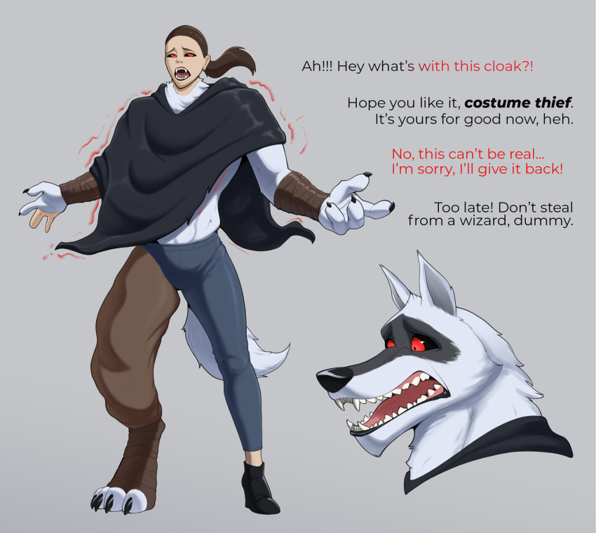 absurd_res anthro badroy canid canine canis cloak clothing death_(puss_in_boots) dreamworks english_text female female_to_male forced forced_transformation ftm_transformation gender_transformation hi_res male mammal punishment puss_in_boots_(dreamworks) scared solo surprised_expression teeth_showing text transformation transformation_through_magic wolf