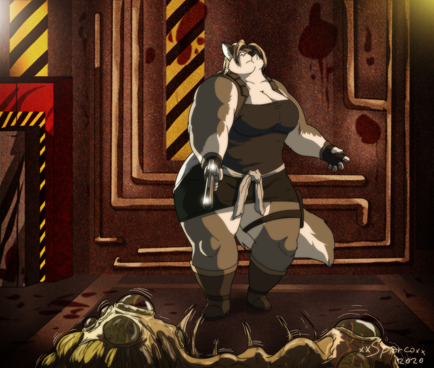 2020 absurd_res alternate_species ambiguous_gender anthro artist_name big_breasts blood_stain bottomwear breasts brown_hair canid canine canis capcom clothing duo fat_arms female fingerless_gloves fur furgonomics furrification gloves gun hair handgun handwear hi_res jill_valentine mammal multicolored_body multicolored_fur mutants overweight overweight_female pistol ranged_weapon resident_evil skirt solo sophia_(xxsparcoxx) thick_thighs thigh_belt topwear two_tone_body two_tone_fur weapon wide_hips xxsparcoxx