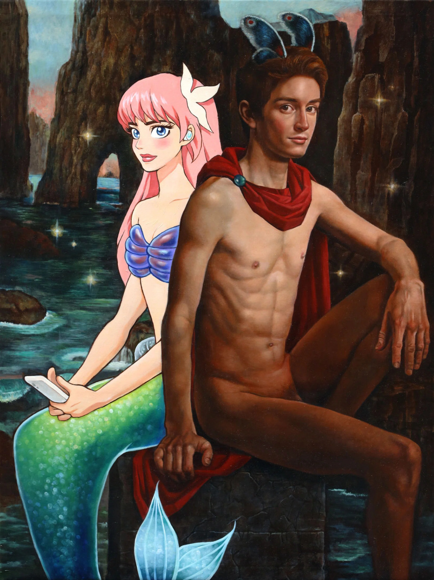 abs bangs blush bra clothing detailed_background duo electronics female fin hair hi_res humanoid insect_wings lepidopteran_wings male marine merfolk naruki_kukita nipples pecs phone pink_hair plant realistic seashell_bra sitting split_form tail tail_fin tree underwear water wings