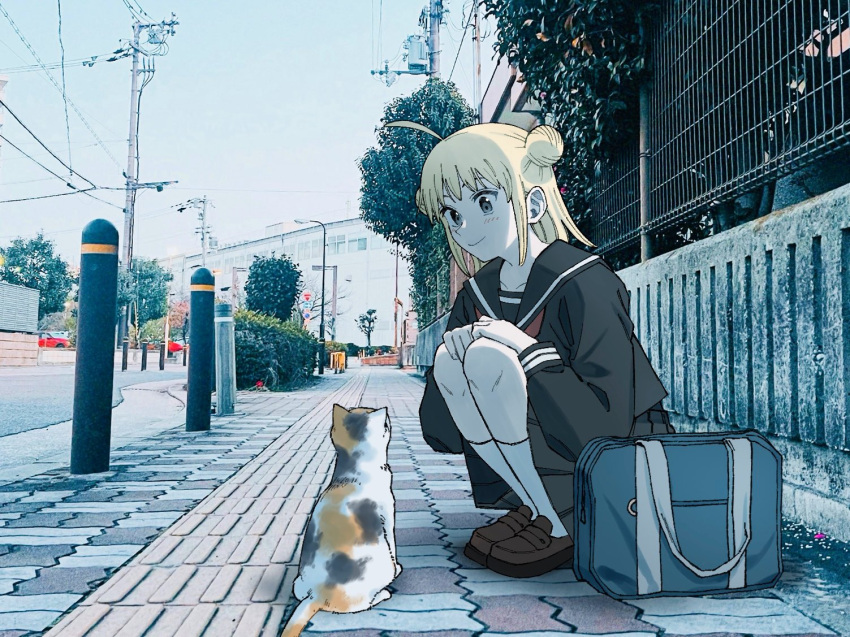 1girl ahoge bag black_eyes black_sailor_collar black_serafuku black_shirt black_skirt blonde_hair bollard brown_footwear building bush calico car cat chorohanage closed_mouth commentary_request day double_bun hair_bun kneehighs lamppost long_hair long_sleeves motor_vehicle original outdoors photo_background power_lines road sailor_collar school_bag school_uniform serafuku shirt sidewalk skirt smile socks solo squatting street utility_pole