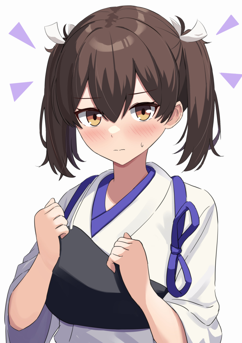 1girl alternate_hairstyle amenocchi blush brown_eyes brown_hair clenched_hands commentary_request embarrassed hair_between_eyes hair_ribbon hands_up highres japanese_clothes kaga_(kancolle) kantai_collection kimono looking_at_viewer medium_hair nervous ribbon solo twintails upper_body wavy_mouth white_kimono white_ribbon yellow_eyes